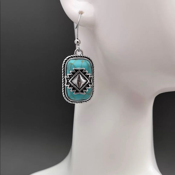 Vintage Bohemian Southwest Aztec Turquoise Geometric Silver Earrings - Picture 4 of 4